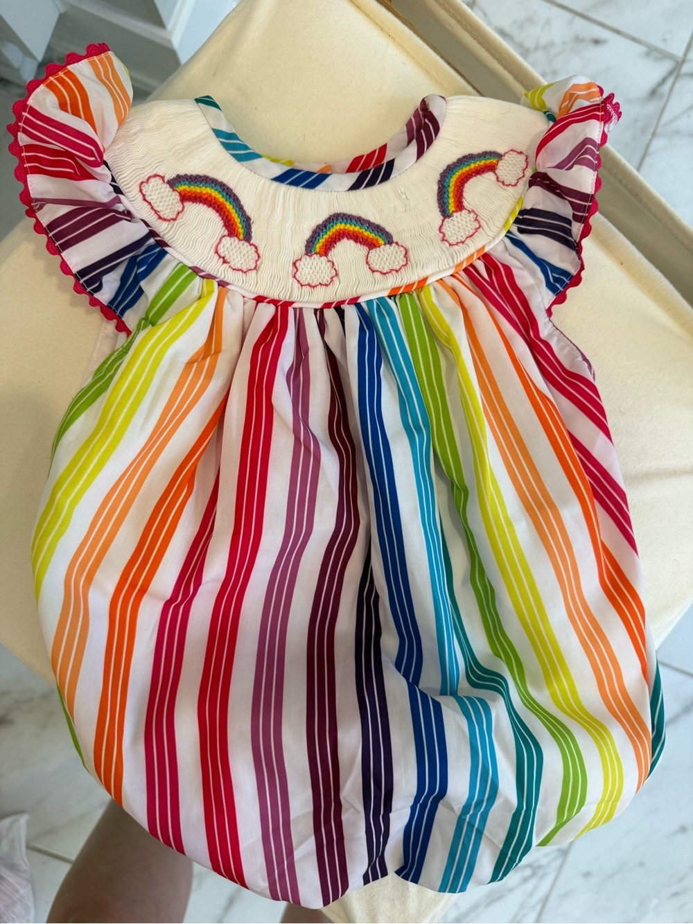 NWOT Rainbow Stripe Smocked Baby One-Piece with Rainbow Embroidery
